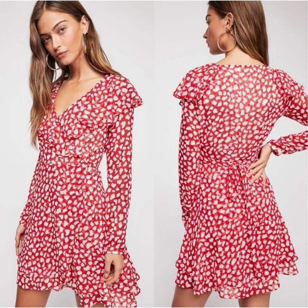 Free People Frenchie Red spotted Mini Wrap ruffle collar Dress Size small